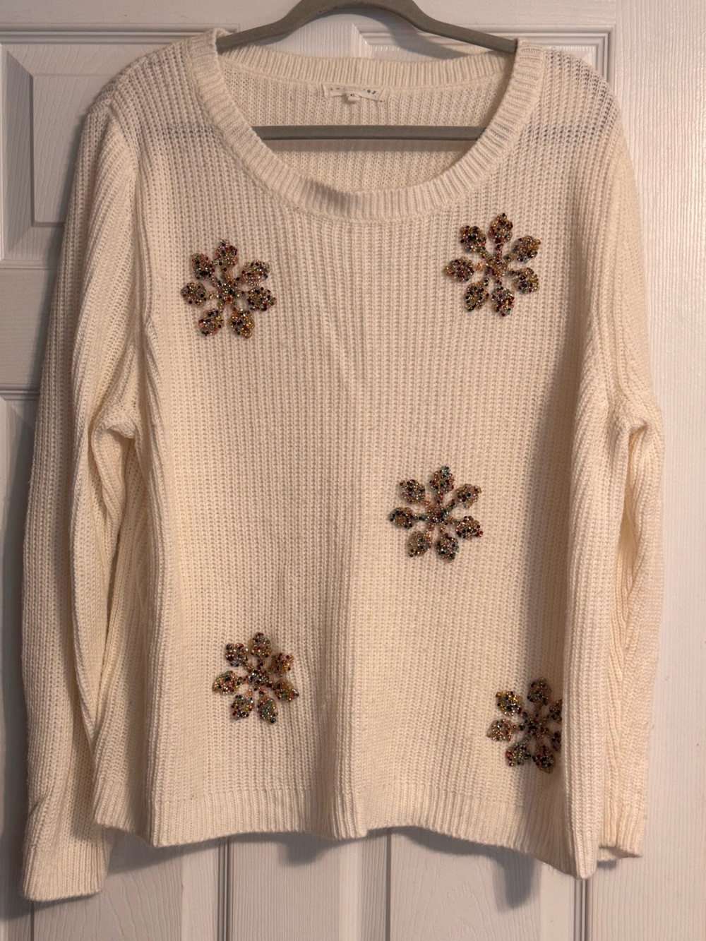 Retrology Cream Ribbed Jeweled Snowflake Crew Neck Long Sleeve Knit Sweater XL